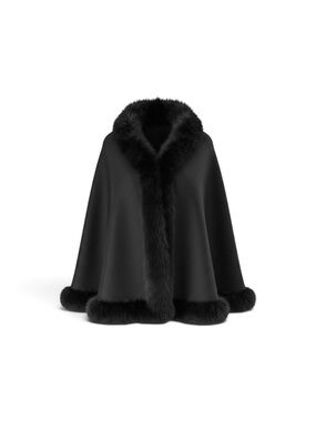 Luxury quality Black REAL FOX Fur Trim Cape Coat - Women